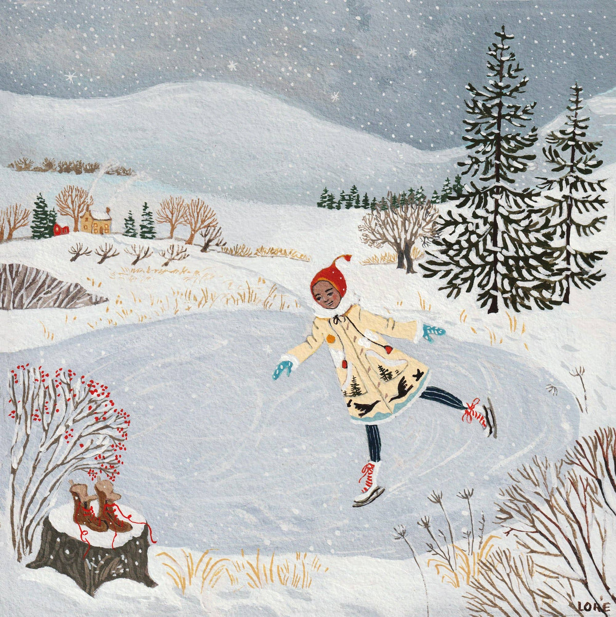 Karte An der Wintersonnenwende von Loré Pemberton: Schlittschuhläufer auf einem zugefrorenen See in Winterlandschaft