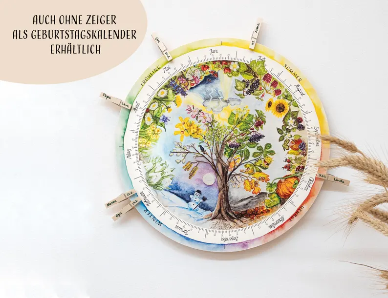 Jahreszeitenuhr Baum aus Holz mit Zeiger