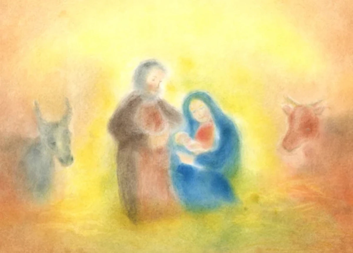 Weihnachtskarte Krippe von Andrea Reiß: Krippe mit Ochs und Esel