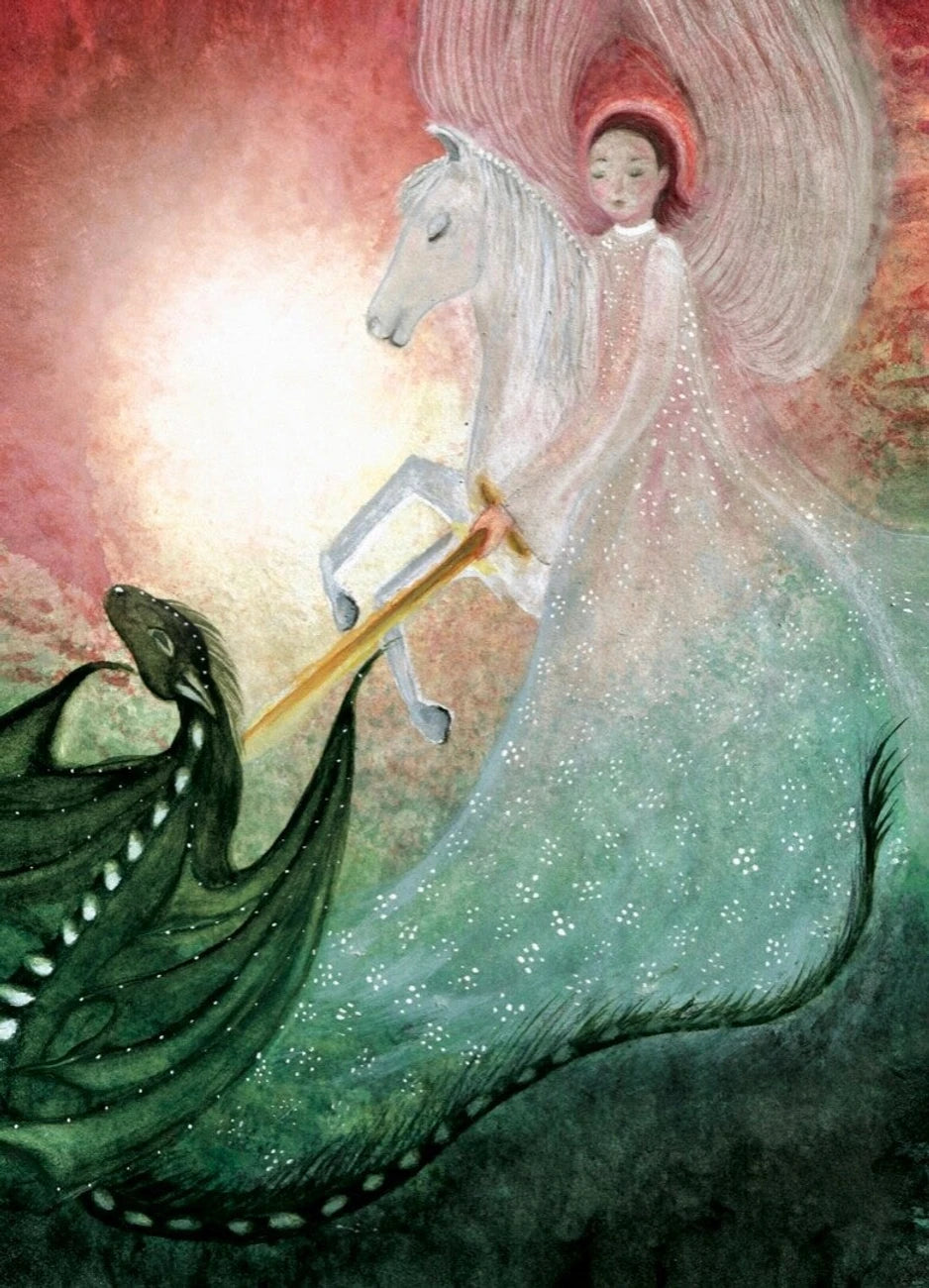 Postkarte Michael und der Drache von Bijdehansje A6, Michael auf einem weißen Pferd mit goldener Lanze vor einem grünen Drachen