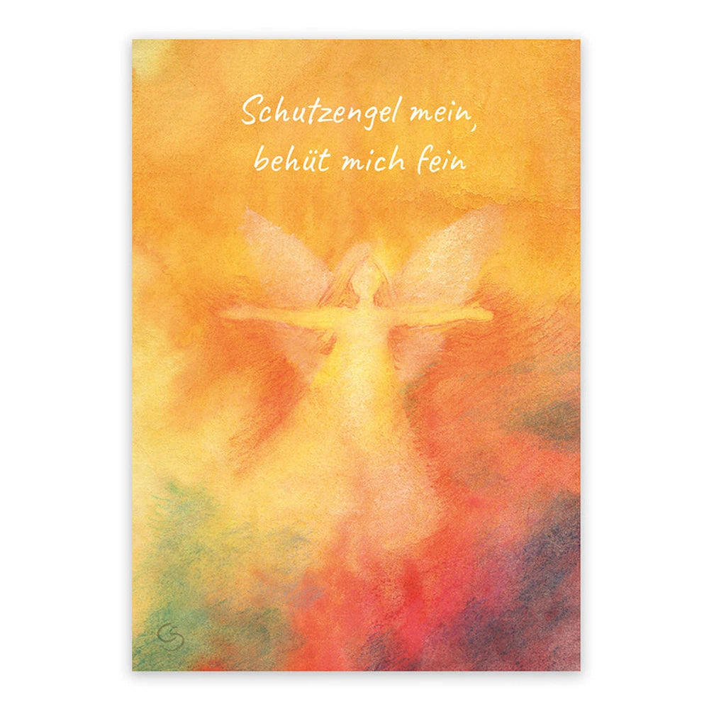 Postkarte Schutzengel mein von Corinna Schwerdtfeger A6: ein Engel mit ausgebreiteten Armen in goldenem und orangem Licht, Schriftzug Schutzengel mein, behüt mich fein