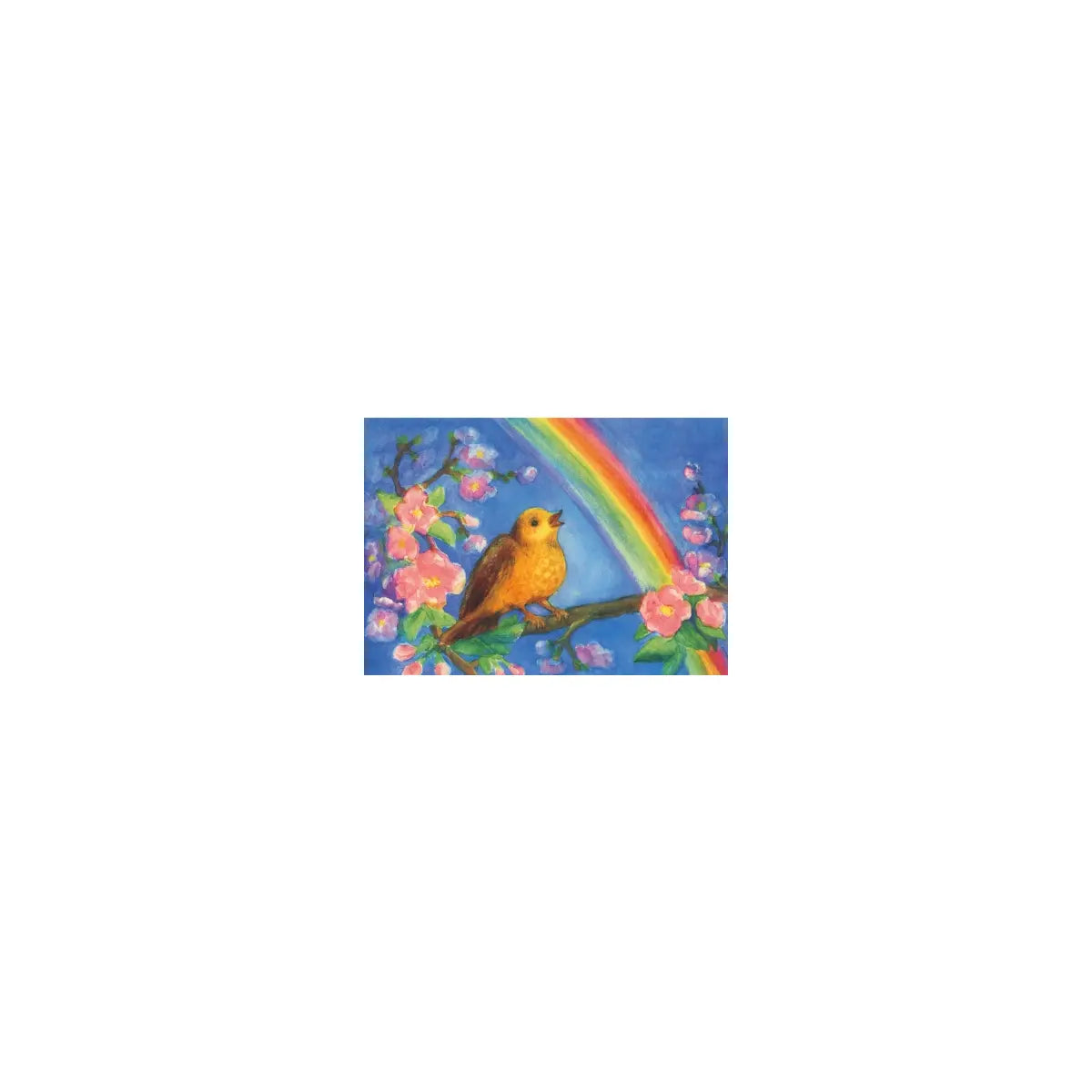 Vogel auf Baum mit Regenbogen
