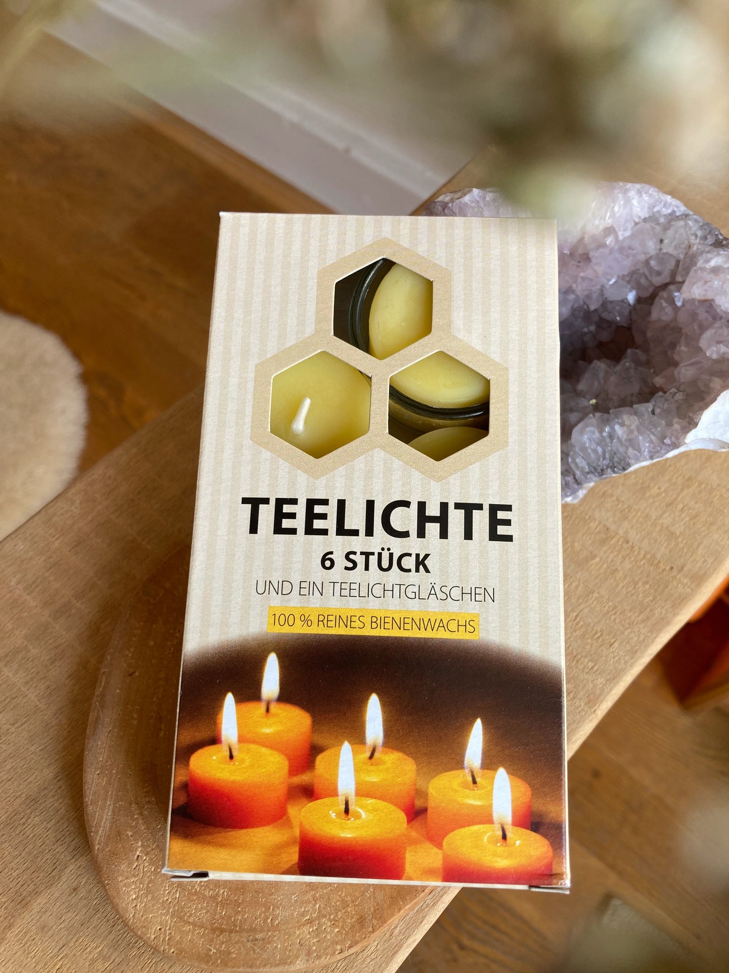 6 Bienenwachs Teelichte + Glas