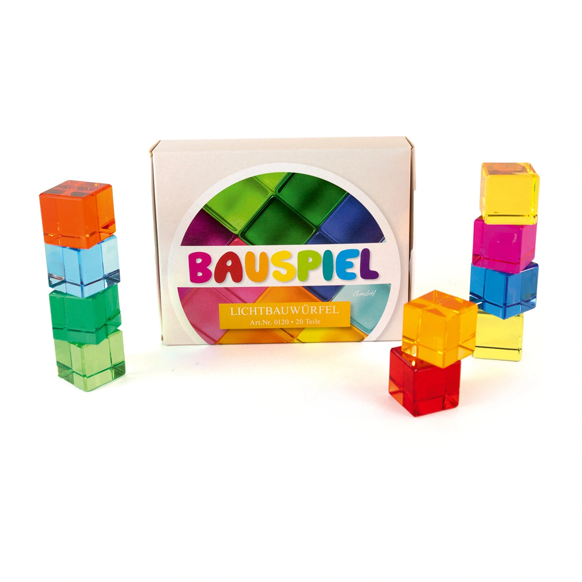 Bauspiel Lichtbauwürfel aus Acryl, 20 transparente Würfel in zehn Farben vor dem Karton