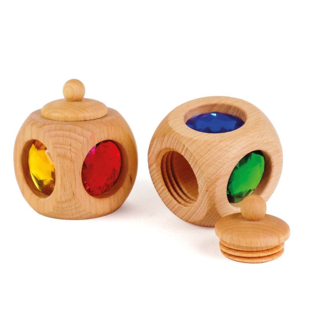 Bauspiel Milchzahndose bunt aus Holz mit Funkelsteinen, offen und geschlossen