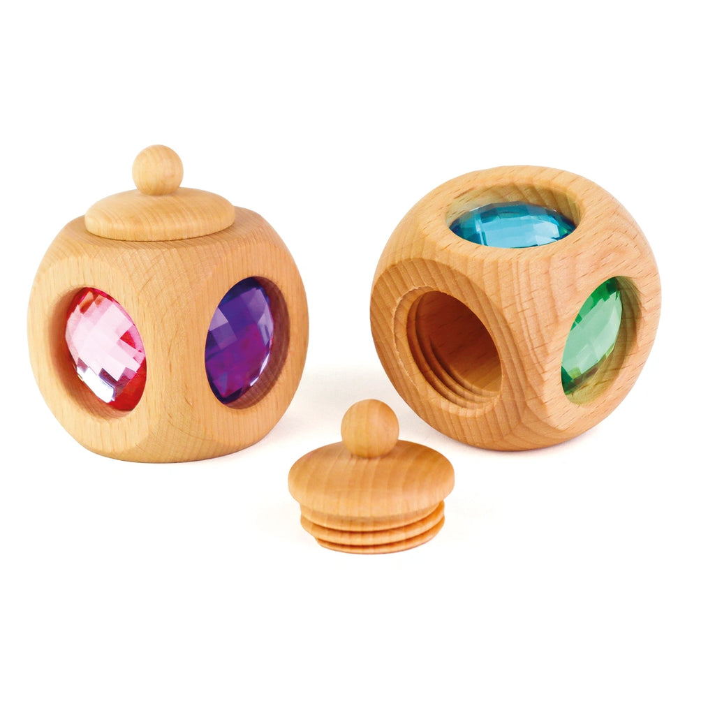 Bauspiel Milchzahndose Pastell aus Holz mit Funkelsteinen, offen und geschlossen