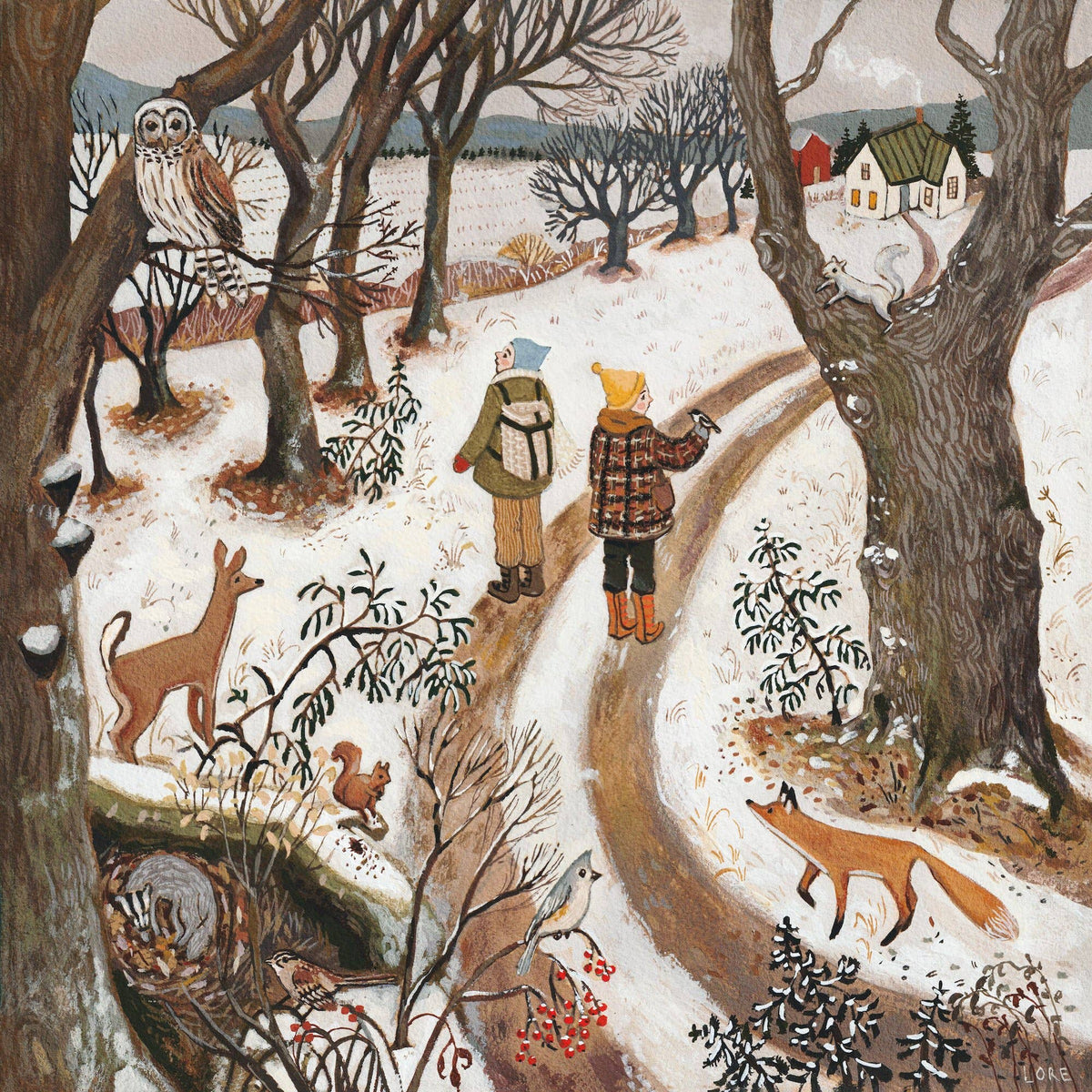 Kunstdruck Winterspaziergang von Loré Pemberton: Winterspaziergang mit Fuchs, Rehen und Schneeeule im Schnee