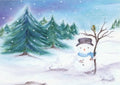 Postkarte Schneemann von Baukje Exler A6, Schneemann mit Zylinder und Schal im verschneiten Tannenwald, daneben Hasen und ein Vogel auf einem Zweig