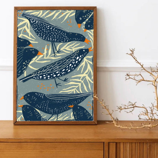 Print - Vögel und weiße Blumen