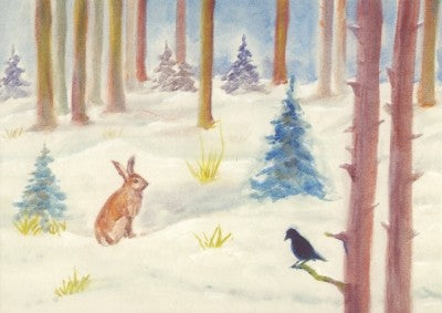 Winterwald, Hase und Vogel