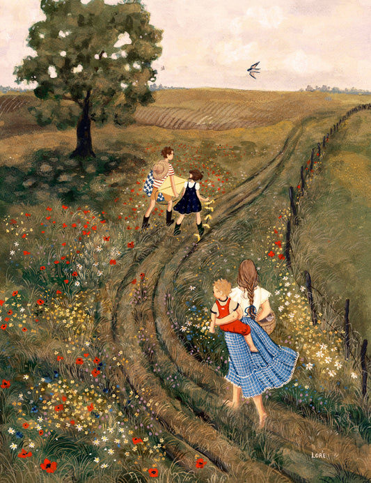 Karte Auf dem Wiesenweg von Loré Pemberton: Familie mit Kindern auf einem Wiesenweg durch die Sommerwiese