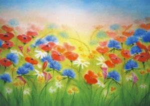 Postkarte Mohn und Kornblumen von Baukje Exler A6, Wiese mit rotem Mohn, blauen Kornblumen und weißen Margeriten