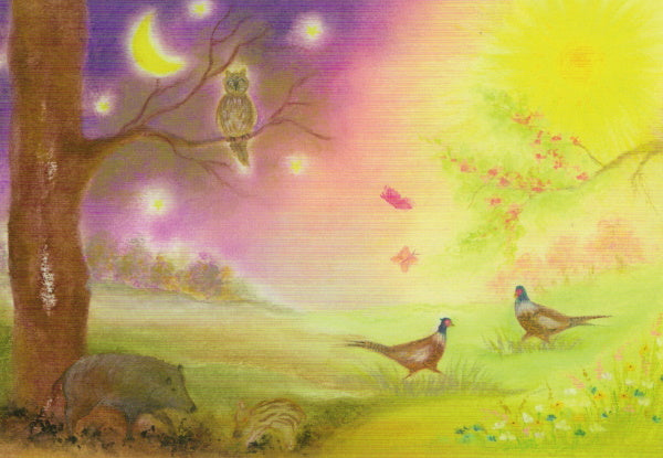 Postkarte Tag und Nacht von Baukje Exler A6, links Nacht mit Mond und Eule, rechts Tag mit Sonne und blühenden Zweigen, auf der Wiese zwei Fasane