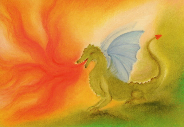 Postkarte Drache von Baukje Exler A6, grüner Drache mit Flügeln speit rotes Feuer