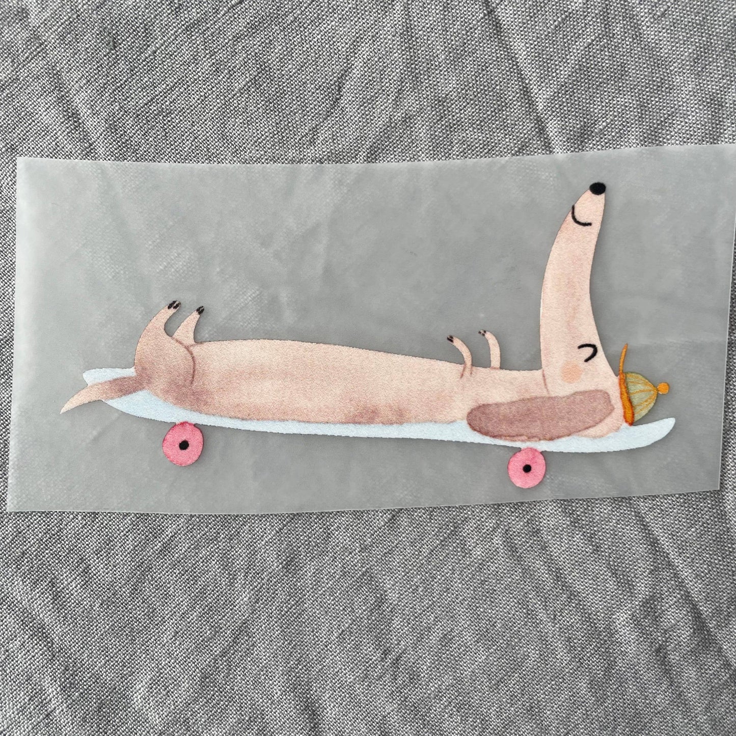 Bügelbild - Dackel auf Skateboard liegend