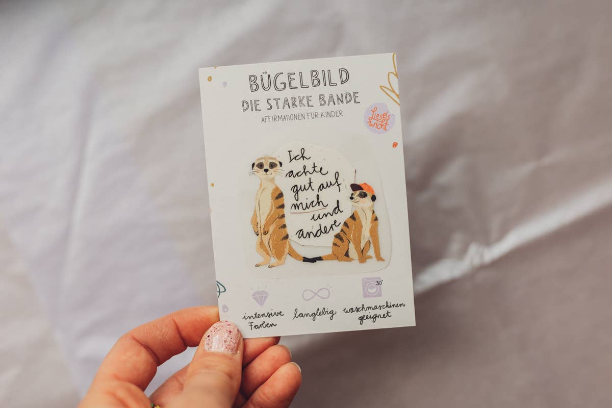 Mini-Bügelbild Erdmännchen „Ich achte gut auf mich und andere.“ von Liesels Wicht auf A7-Kärtchen