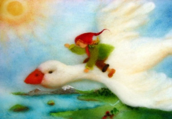 Postkarte Nils Holgersson von Franziska Kopp A6, Nils fliegt auf dem Rücken einer weißen Gans über das Land