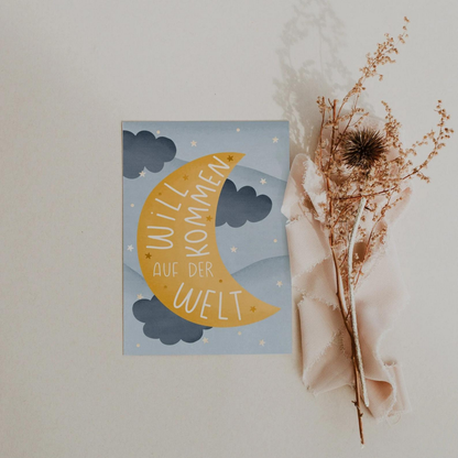 Geburtskarte - Mond Baby - "Willkommen auf der Welt"