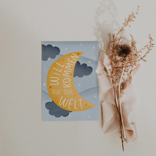 Geburtskarte - Mond Baby - "Willkommen auf der Welt"