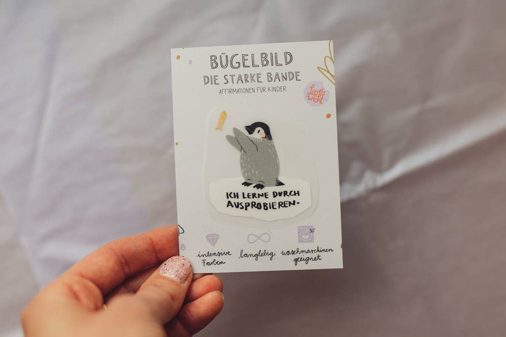 Mini-Bügelbild Pinguin „Ich lerne durch Ausprobieren.“ von Liesels Wicht auf A7-Kärtchen