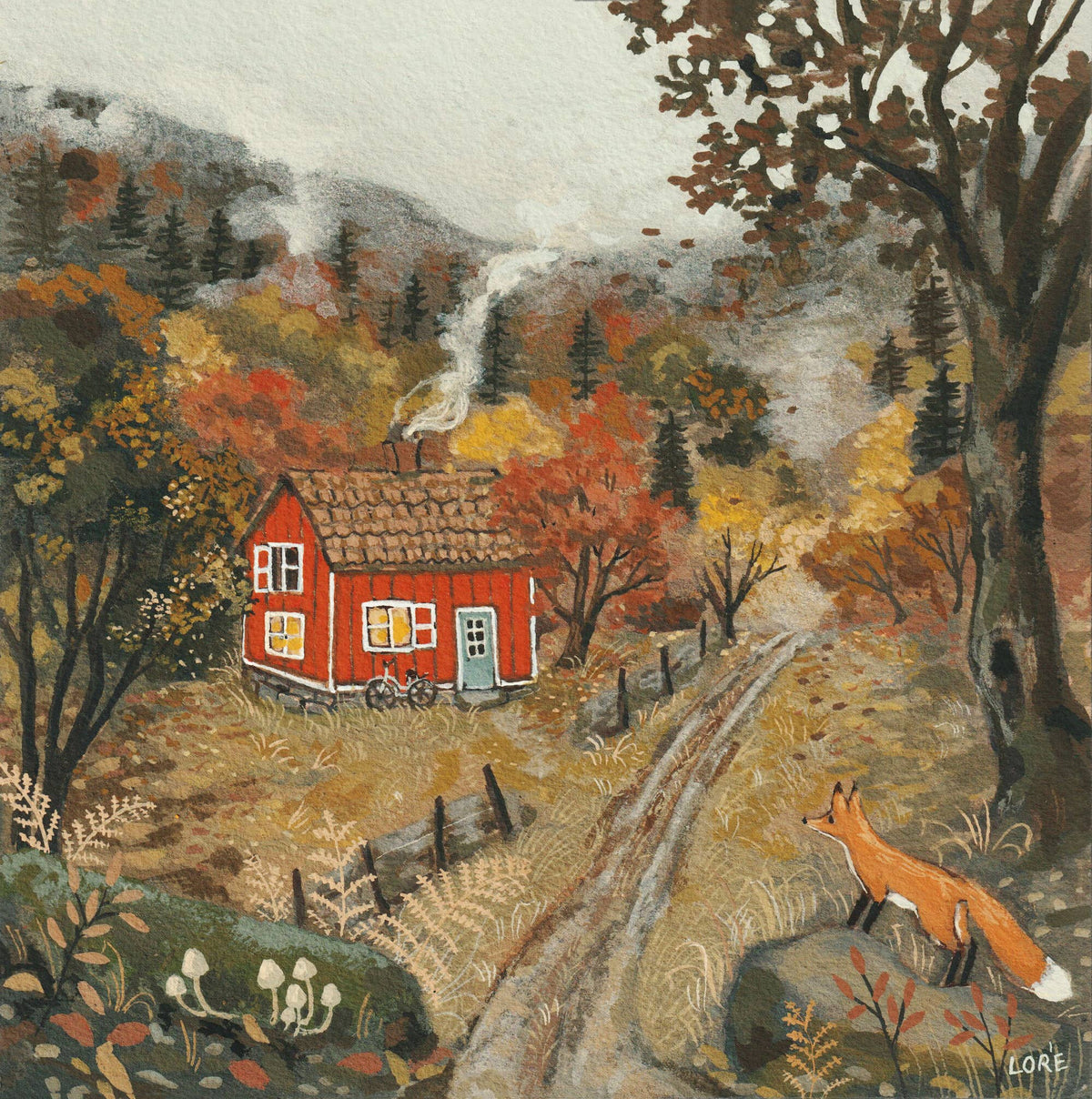 Kunstdruck Das Tal von Loré Pemberton: Landhaus im Tal zwischen Bergen mit einem Fuchs