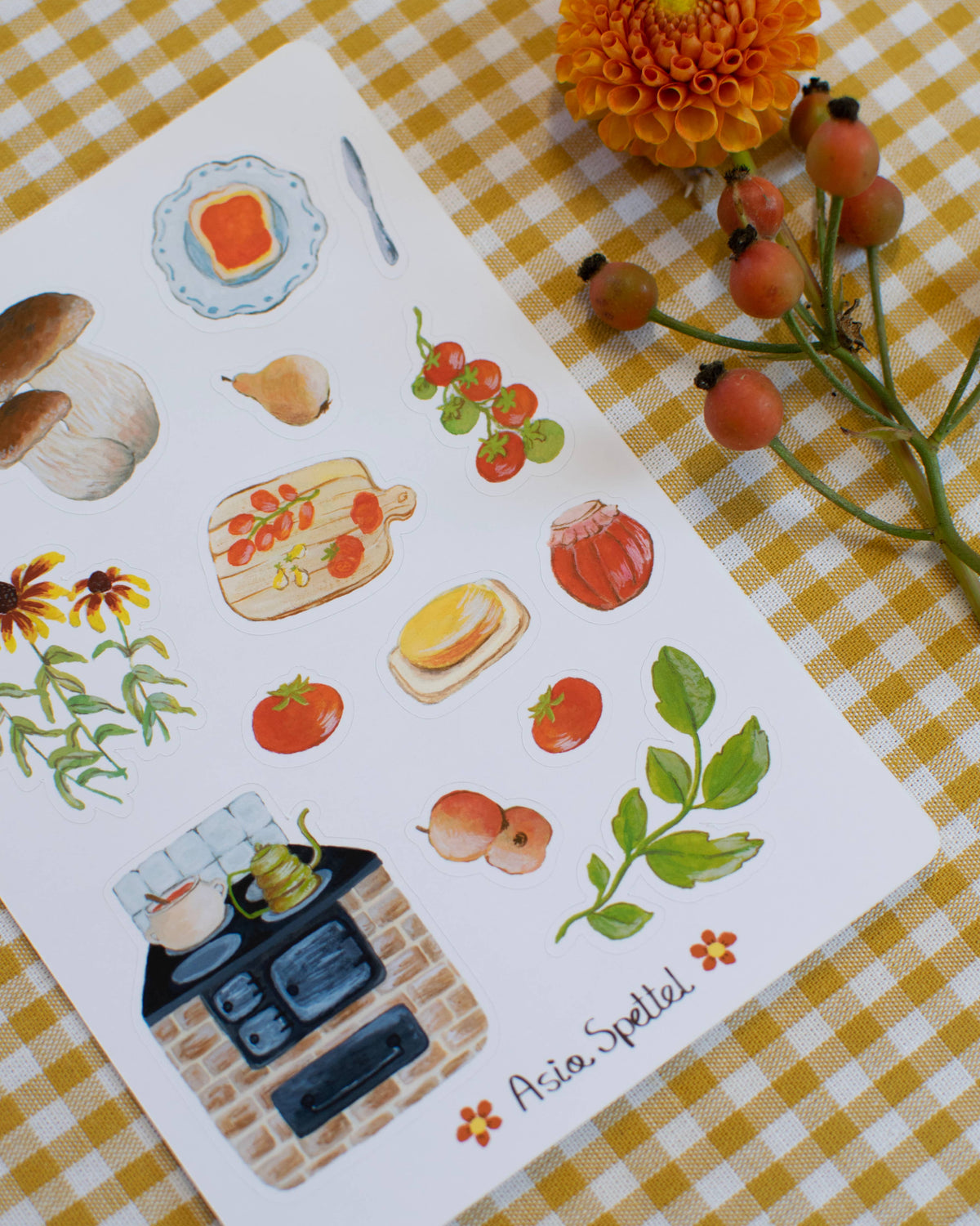 Stickerbogen Herbstleckereien von Asia Spettel A6 mit Herbstblumen