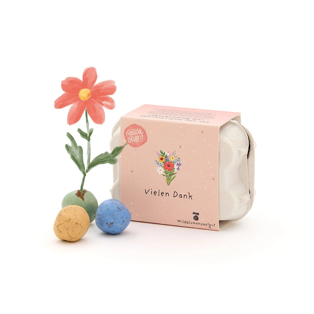 6 bunte Blumenmurmeln im Eierkarton "Vielen Dank"