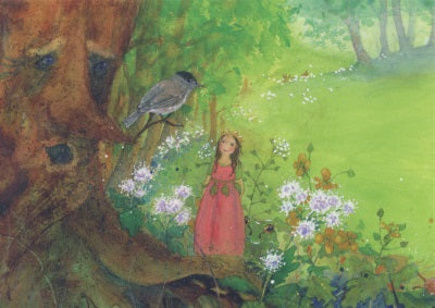 Postkarte Die kleine Prinzessin von Daniela Drescher A6, kleine Prinzessin im rosa Kleid mit Krone auf einer Waldlichtung mit Blumen, ein Vogel auf einem Ast