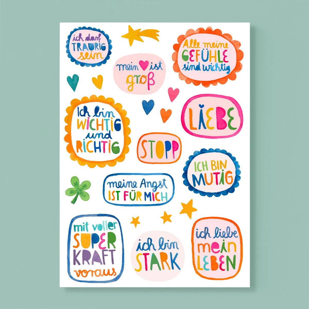 Postkarte Affirmationen in Sprechblasen von Frau Ottilie A6, bunte Sprechblasen mit Mutmach-Sprüchen