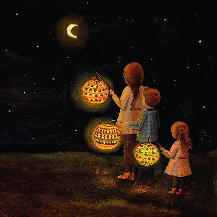 Motiv Laternen von Esther Bennink für die magische Lampe: Erwachsene Person und Kinder mit runden Laternen in der Nacht unter dem Mond, Ansicht 3