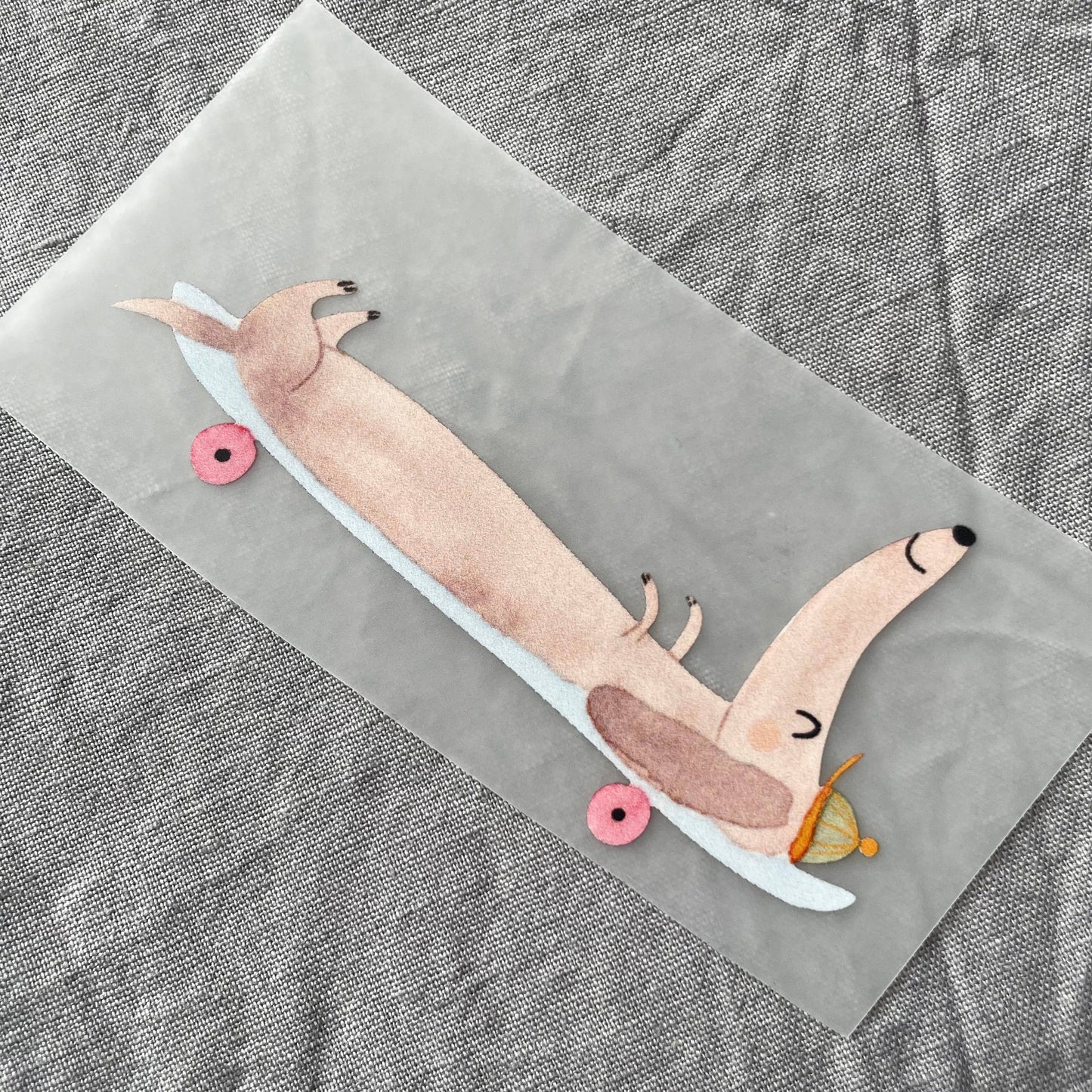 Bügelbild - Dackel auf Skateboard liegend