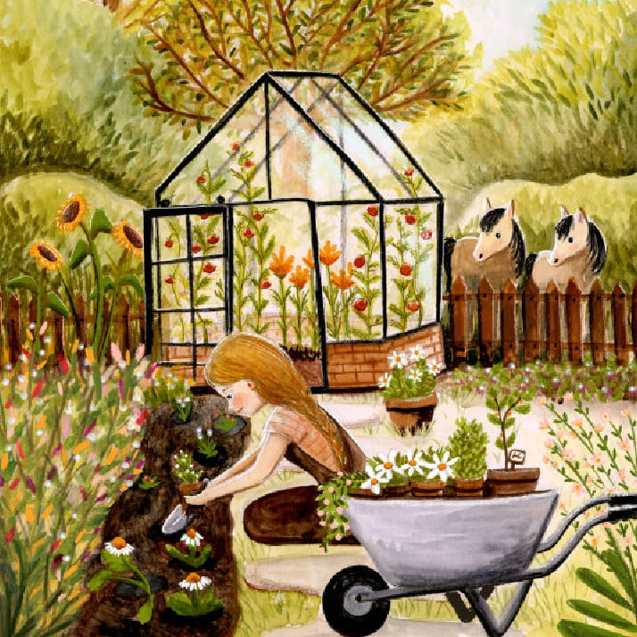 Motiv Gärtnern von Esther Bennink für die magische Lampe: Gartenarbeit mit Schubkarre vor einem Gewächshaus, ringsum Blumen und Tiere, Ansicht 6