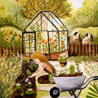 Motiv Gärtnern von Esther Bennink für die magische Lampe: Gartenarbeit mit Schubkarre vor einem Gewächshaus, ringsum Blumen und Tiere, Ansicht 6
