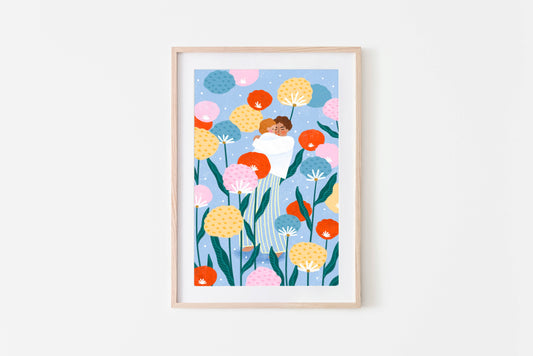 Mama und Baby im Blumengarten - Kunstdruck A3