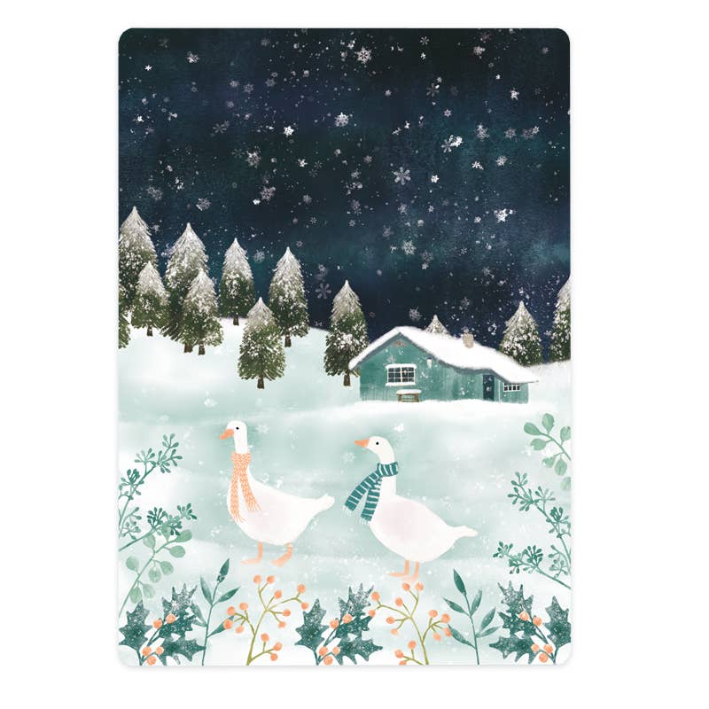 Zwei Gänse und ein Häuschen im Schnee