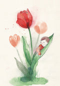 Postkarte Tulpe von Stefanie Messing A6, kleines Kind schmiegt sich an das Blatt einer roten Tulpe
