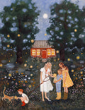 Karte Magie des Sommers von Loré Pemberton: Familie mit Katze in einer Sommernacht unter dem Mond am Waldrand