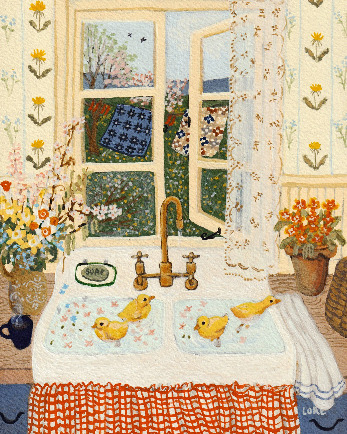 Kunstdruck Vergissmeinnicht von Loré Pemberton: Blumenstrauß am Küchenfenster mit Blick in den Frühlingsgarten und Küken