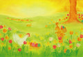 Postkarte Ostern von Baukje Exler A6, Frühlingswiese mit bunten Blumen, einem Huhn und einem Hasen mit Ostereiern unter einem Baum