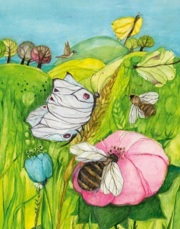 Tischbild - Bienen, Blüten, Schmetterling