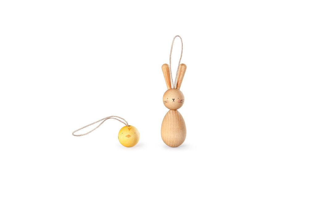 Grapat Hop and Peep Hase und Küken aus Holz, Holzhase und kleines gelbes Küken mit Aufhängeband
