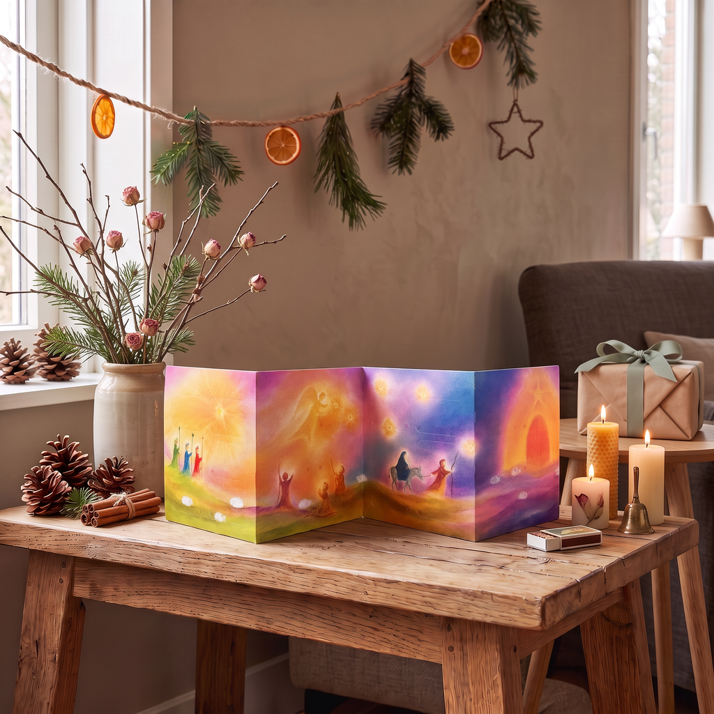 Adventskalender Baukje Exler, aufgestellter Kalender mit leuchtenden Farben auf einem Holztisch zwischen Kerzen und Tannenzweigen
