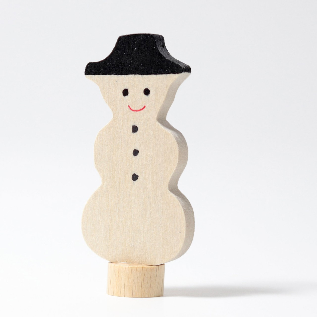 Grimm's Steckfigur Schneemann, der weiße Schneemann trägt einen schwarzen Hut