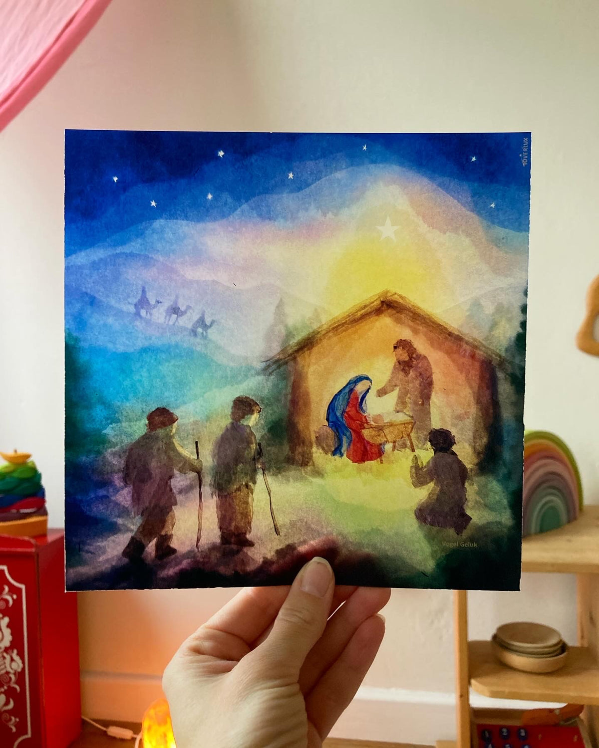 Toverlux Motiv Josef und Maria von Vogel Geluk in der magischen Lampe: Stall mit Josef, Maria und dem Kind, Hirten unter dem Sternenhimmel, Ansicht 2
