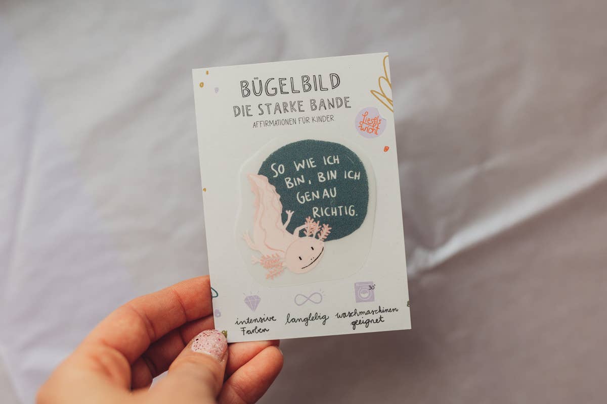 Mini-Bügelbild Axolotl „So wie ich bin, bin ich genau richtig.“ von Liesels Wicht auf A7-Kärtchen
