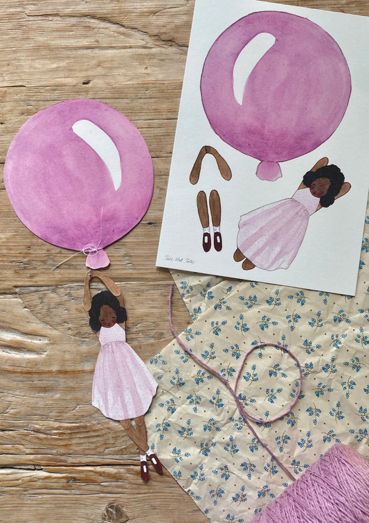 Bastelvorlage - Mädchen mit einem hellvioletten Ballon