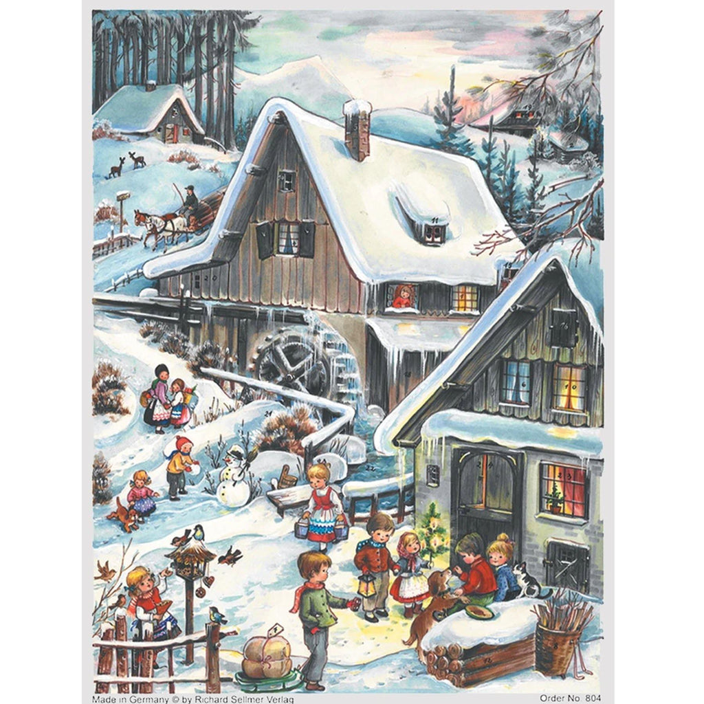 Adventskalender An der Mühle von Sellmer A4, verschneite Mühle mit Kutscher und spielenden Kindern