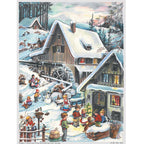 Adventskalender An der Mühle von Sellmer A4, verschneite Mühle mit Kutscher und spielenden Kindern