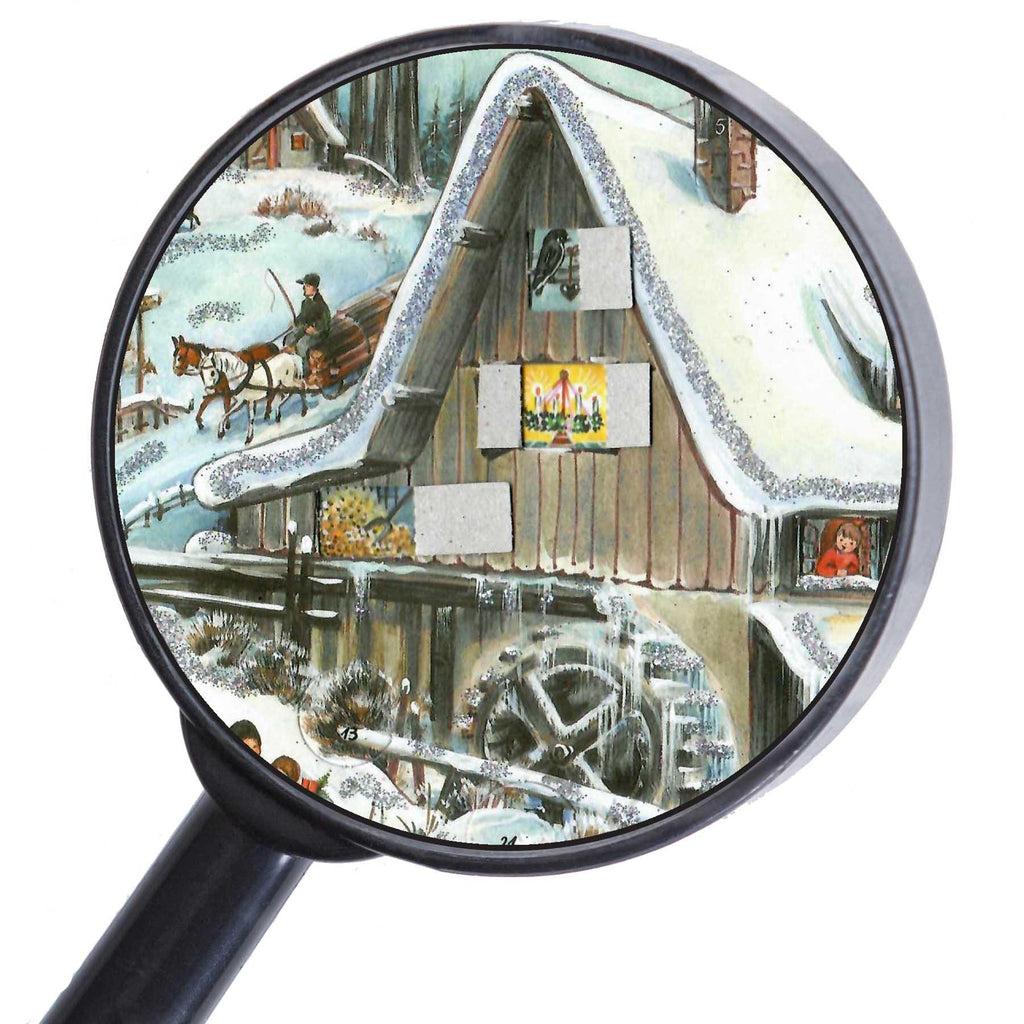 Adventskalender An der Mühle von Sellmer A4, Lupe auf geöffnete Türchen