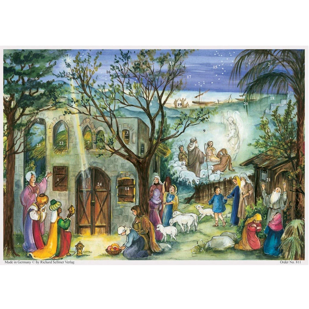 Adventskalender Stall von Bethlehem von Sellmer A4, Hirten, Schafe und Könige ziehen zum Stall